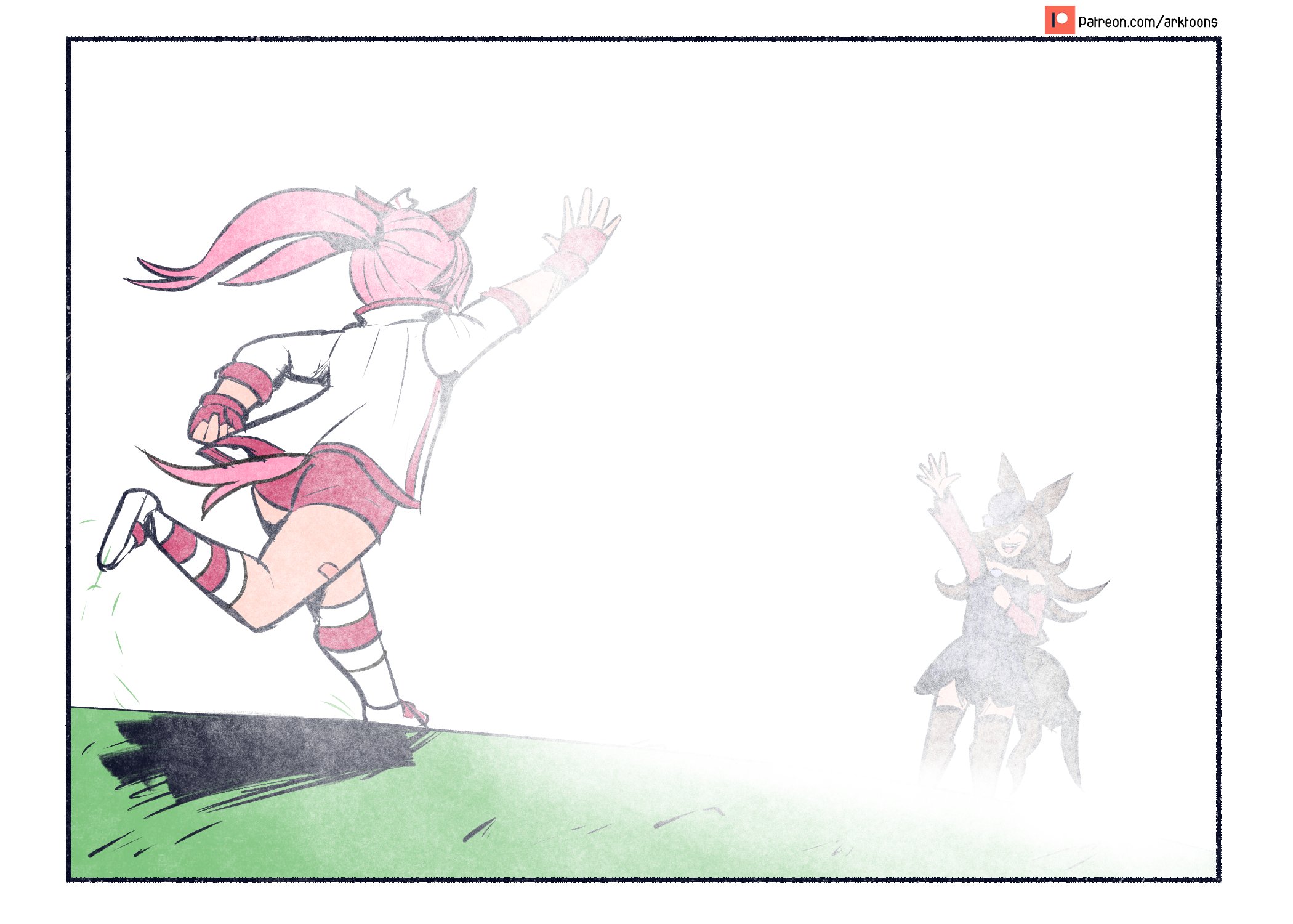arktoons, haru urara (bestest prize) (umamusume), haru urara (umamusume), rice shower (rosy dreams) (umamusume), rice shower (umamusume), umamusume, highres, 2girls, animal ears, bandaid, bandaid on leg, bare shoulders, black thighhighs, blue dress, blue flower, blue hat, blue rose, bow, brown hair, buruma, closed eyes, dress, ear bow, ear covers, fascinator, fingerless gloves, flipped hair, flower, gloves, hair over one eye, hat, hat flower, headband, horse ears, horse girl, horse tail, jacket, long hair, long sleeves, multiple girls, off-shoulder dress, off shoulder, open mouth, pink buruma, pink hair, ponytail, red buruma, red gloves, rose, smile, socks, striped clothes, striped socks, tail, teeth, thighhighs, tilted headwear, upper teeth only, waving, white jacket