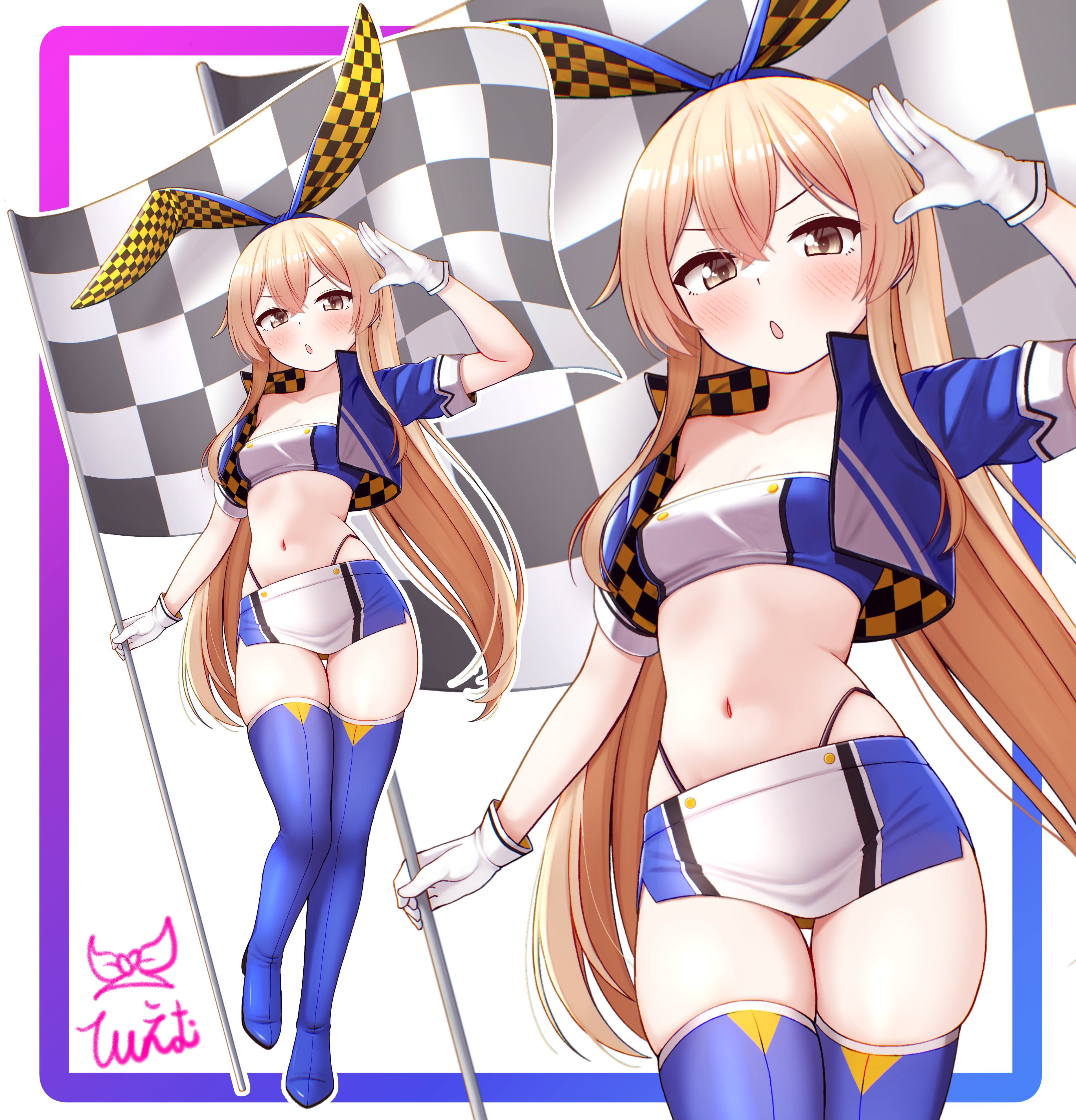 tiemu (man190), shimakaze (kancolle), kantai collection, absurdres, commentary, highres, 1girl, alternate costume, bandeau, blonde hair, blue hairband, blue thighhighs, breasts, checkered clothes, checkered flag, cowboy shot, cropped jacket, flag, full body, gloves, grey eyes, hairband, highleg, highleg panties, long hair, looking at viewer, midriff, miniskirt, navel, panties, race queen, salute, signature, skirt, small breasts, solo, thighhighs, underwear, white bandeau, white gloves, zoom layer