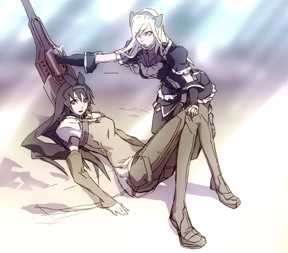 toshiki, fatina, kaaya, druaga no tou, bad id, bad pixiv id, inactive account, 2girls, black hair, blonde hair, blue eyes, boots, dress, female focus, gradient background, long hair, multiple girls, pantyhose, thigh boots, thighhighs