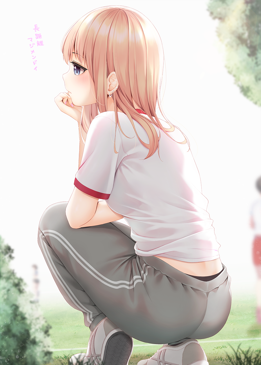 minato ojitan, original, commentary request, highres, translation request, 3girls, black buruma, black panties, blue eyes, blurry, blurry background, breasts, brown hair, buruma, bush, closed mouth, double vertical stripe, grey pants, gym uniform, leaf, long hair, multiple girls, outdoors, panties, pants, red shorts, school uniform, shirt, shoes, short sleeves, shorts, sidelocks, solo focus, squatting, standing, track pants, underwear, white background, white shirt, white shoes