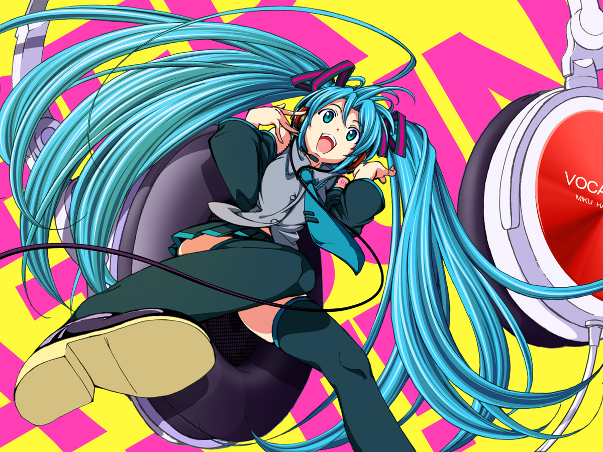 aka ringo, azuma shoujuan, hatsune miku, vocaloid, detached sleeves, green eyes, green hair, headphones, long hair, microphone, necktie, skirt, solo, thighhighs, twintails, zettai ryouiki