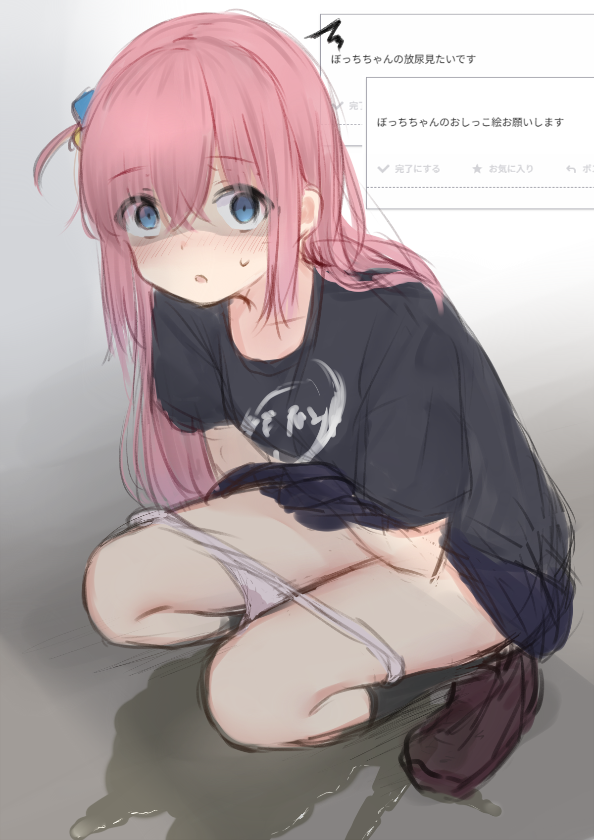 kanekan, gotoh hitori, bocchi the rock!, highres, 1girl, black shirt, black skirt, black socks, blue eyes, blush, brown shoes, clothes lift, collarbone, cube hair ornament, embarrassed, eyes visible through hair, gradient background, grey background, hair ornament, long hair, looking at viewer, open mouth, panties, panty pull, peeing, pink hair, puddle, shirt, shoes, short sleeves, side ponytail, skirt, skirt lift, socks, squatting, sweat, underwear, wet, wet clothes, wet panties, white panties