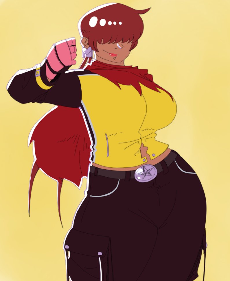 1shermieaday, shermie (kof), the king of fighters, 1girl, breasts, curvy, dark-skinned female, dark skin, earrings, female focus, heart, huge breasts, jacket, jewelry, large breasts, leather, long hair, pants, ponytail, red hair, scarf, smile, standing, tan, thick thighs, thighs, twintails, wide hips
