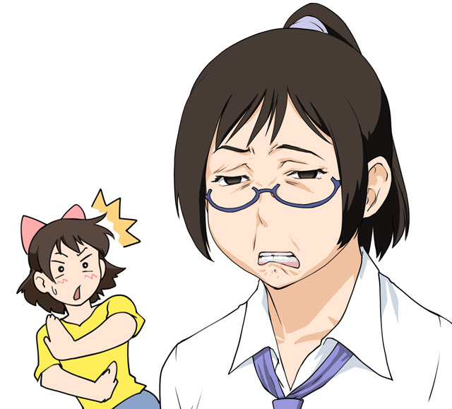ueyama michirou, aoi minamo, holon, real drive, 2girls, angry, annoyed, bow, brown hair, disgust, glasses, multiple girls, pink bow, short hair, surprised