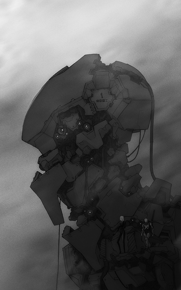 tsukuba masahiro, cibo, seu, blame!, highres, 1girl, cape, greyscale, mecha, monochrome, robot, science fiction