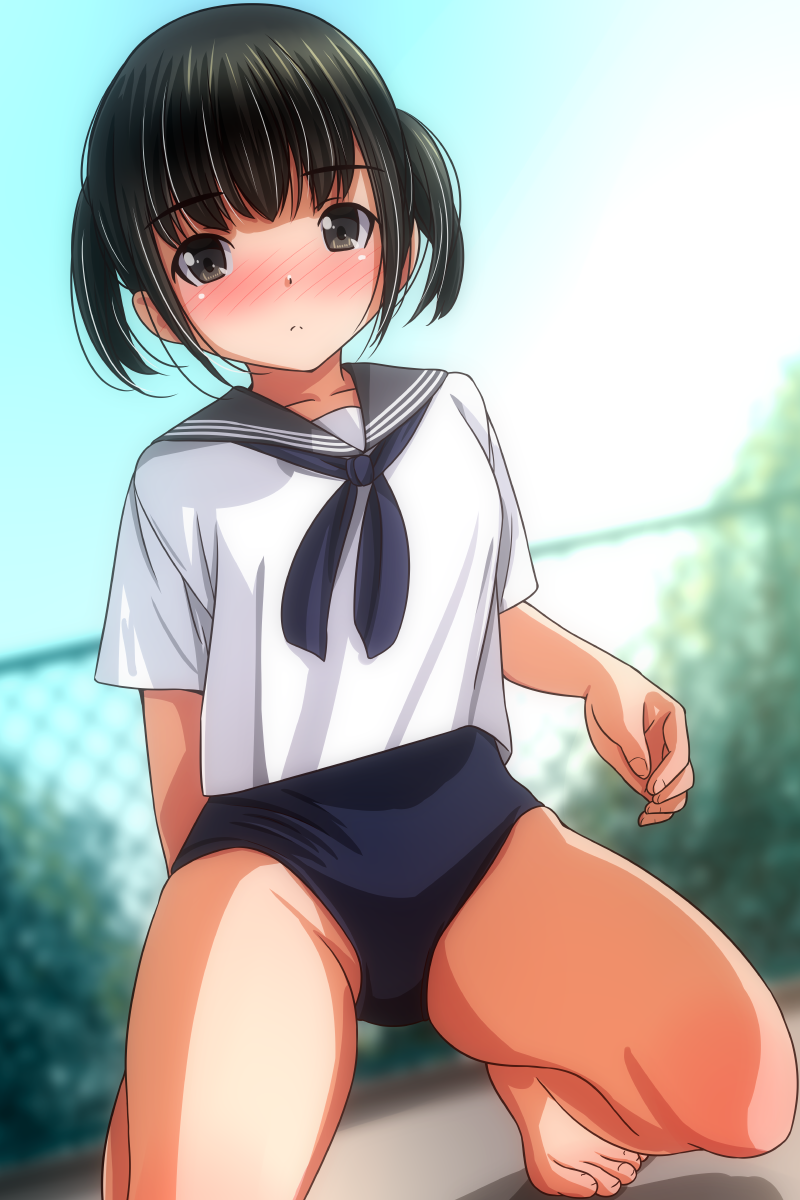 matsunaga kouyou, original, 1girl, barefoot, black hair, black neckerchief, black one-piece swimsuit, blush, breasts, brown eyes, bush, chain-link fence, cloud, collarbone, fence, kneeling, looking at viewer, neckerchief, one-piece swimsuit, shirt, short hair, short sleeves, sky, small breasts, swimsuit, swimsuit under clothes, twintails, white shirt