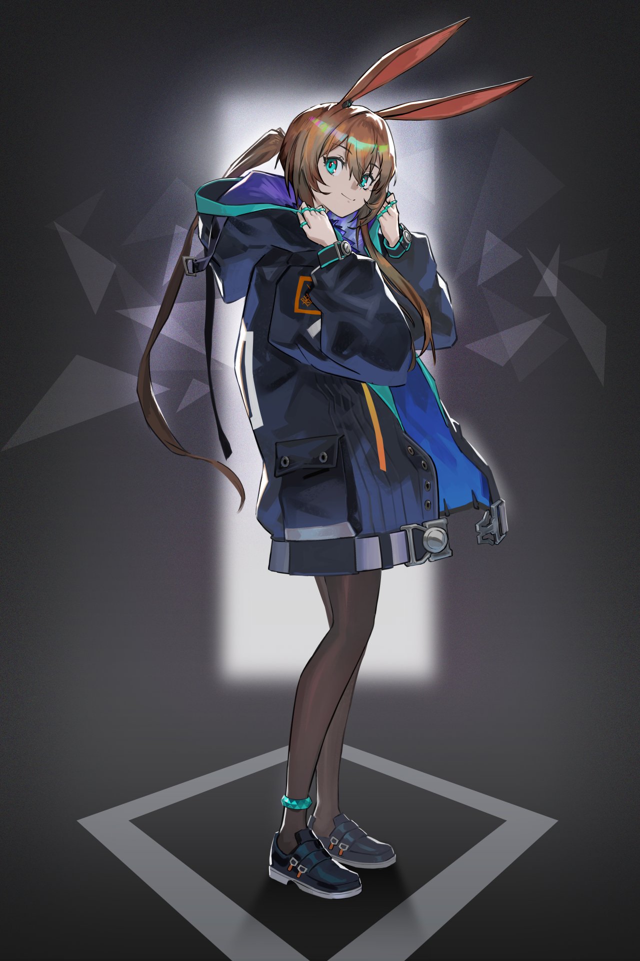 rukomata 99, amiya (arknights), arknights, commentary, highres, 1girl, animal ears, black coat, black pantyhose, black shoes, blue eyes, brown hair, closed mouth, coat, from side, full body, grey background, hair between eyes, hands up, hood, hood down, hooded coat, long hair, long sleeves, looking at viewer, open clothes, open coat, pantyhose, rabbit ears, shoes, smile, solo, standing
