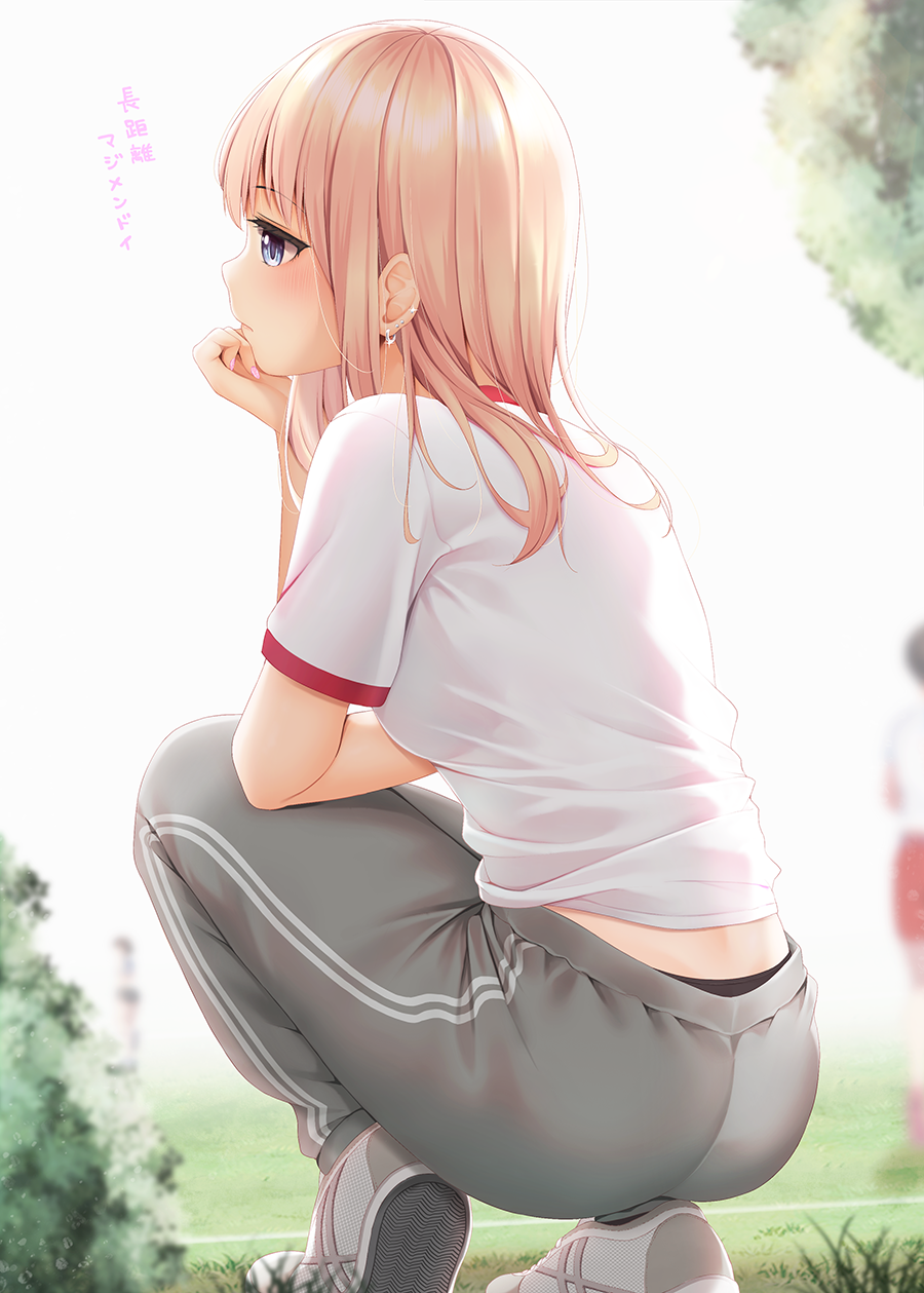 minato ojitan, original, commentary request, highres, 3girls, black buruma, black panties, blue eyes, blurry, blurry background, breasts, brown hair, buruma, bush, closed mouth, double vertical stripe, grey pants, gym uniform, leaf, long hair, multiple girls, outdoors, panties, pants, red shorts, school uniform, shirt, shoes, short sleeves, shorts, sidelocks, solo focus, squatting, standing, tan, track pants, underwear, white background, white shirt, white shoes
