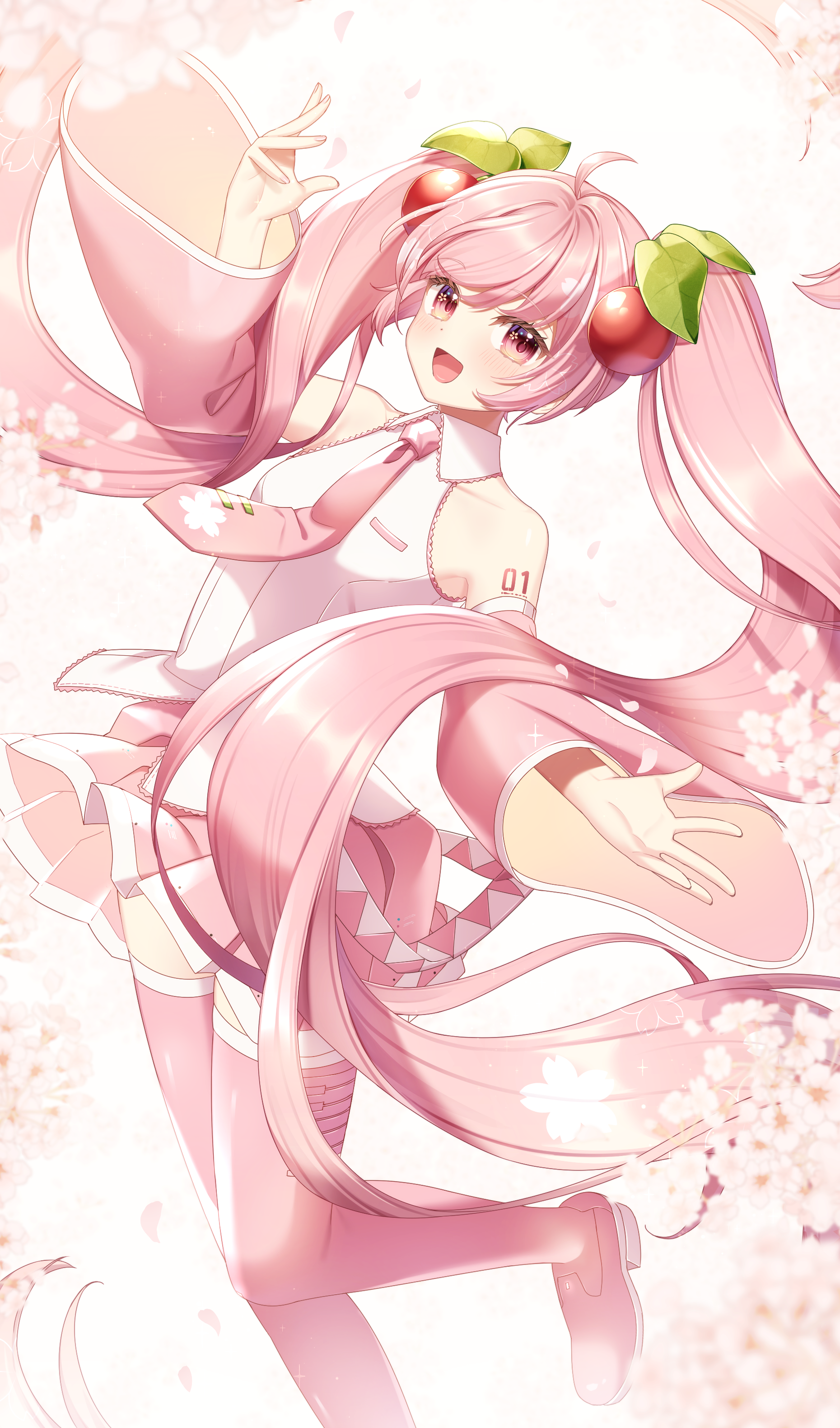 takashina taaa, hatsune miku, sakura miku, vocaloid, absurdres, commentary, highres, 1girl, :d, arm up, bare shoulders, blush, boots, cherry blossoms, cherry hair ornament, collared shirt, detached sleeves, food-themed hair ornament, foot out of frame, hair ornament, long hair, long sleeves, looking at viewer, miniskirt, necktie, number tattoo, open mouth, pink boots, pink eyes, pink hair, pink necktie, pink skirt, pink sleeves, pleated skirt, shirt, shoulder tattoo, skirt, sleeveless, sleeveless shirt, smile, solo, standing, standing on one leg, tattoo, thigh boots, twintails, white shirt