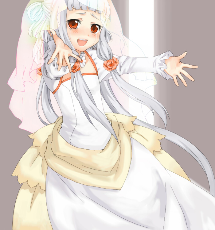 pitan (unknown07), tianzi, code geass, bad id, bad pixiv id, 00s, blush, bridal veil, bride, child, dress, flat chest, happy, long hair, red eyes, solo, tears, veil, wedding dress, white hair