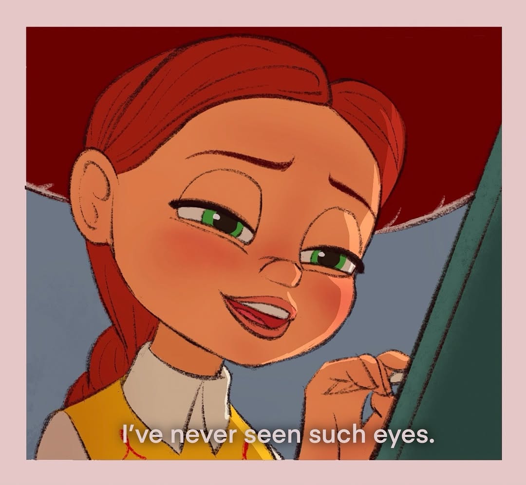 jessie the yodeling cowgirl, toy story, toy story 2, 1girl, aliz reka, border, english text, green eyes, hat, long hair, open mouth, outside border, red hair, red hat, signature, solo, subtitled, teeth, upper teeth only, white border