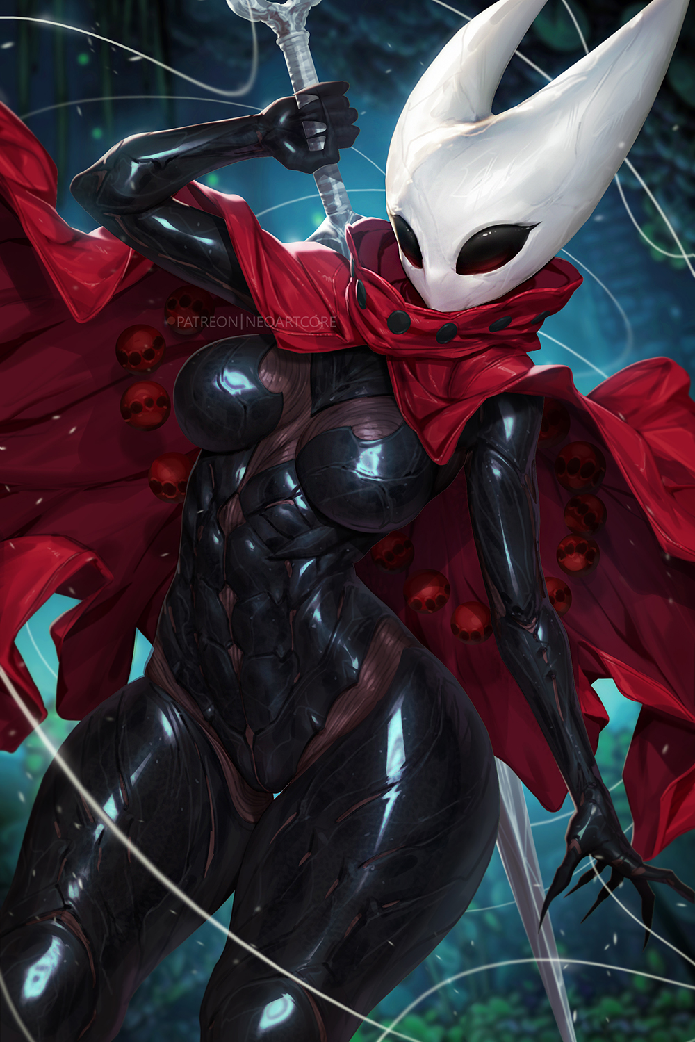 neoartcore, hornet (hollow knight), hollow knight, hollow knight: silksong, highres, 1girl, breasts, cape, holding, holding weapon, mask, red cape, solo, thick thighs, thighs, weapon, wide hips