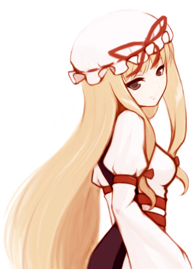 mamoru (arizona), yakumo yukari, touhou, 1girl, blonde hair, bow, breasts, brown eyes, dress, female focus, hair bow, hat, long hair, looking back, ribbon, sideboob, simple background, solo, very long hair