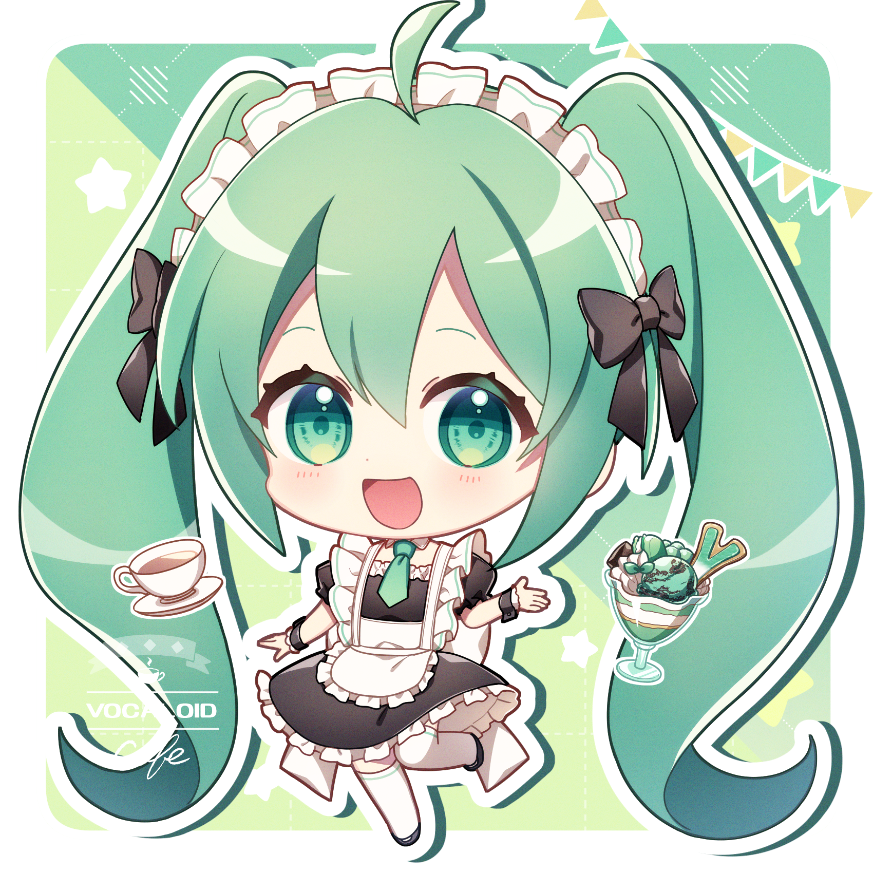 takashina taaa, hatsune miku, vocaloid, commentary, highres, 1girl, :d, ahoge, alternate costume, apron, black bow, black dress, black shoes, blush, border, bow, chibi, chibi only, copyright name, cup, double-parted bangs, dress, enmaided, frilled apron, frilled dress, frills, full body, green background, green eyes, green hair, green necktie, hair between eyes, hair bow, long hair, looking at viewer, maid, maid headdress, necktie, open mouth, outline, outside border, saucer, shoes, short sleeves, smile, solo, standing, standing on one leg, teacup, thighhighs, twintails, very long hair, white apron, white border, white outline, white thighhighs, wrist cuffs, zettai ryouiki