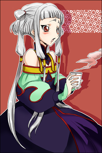 dalc rose, tianzi, code geass, 00s, albino, bare shoulders, blush, dress, red eyes, solo, tea, white hair
