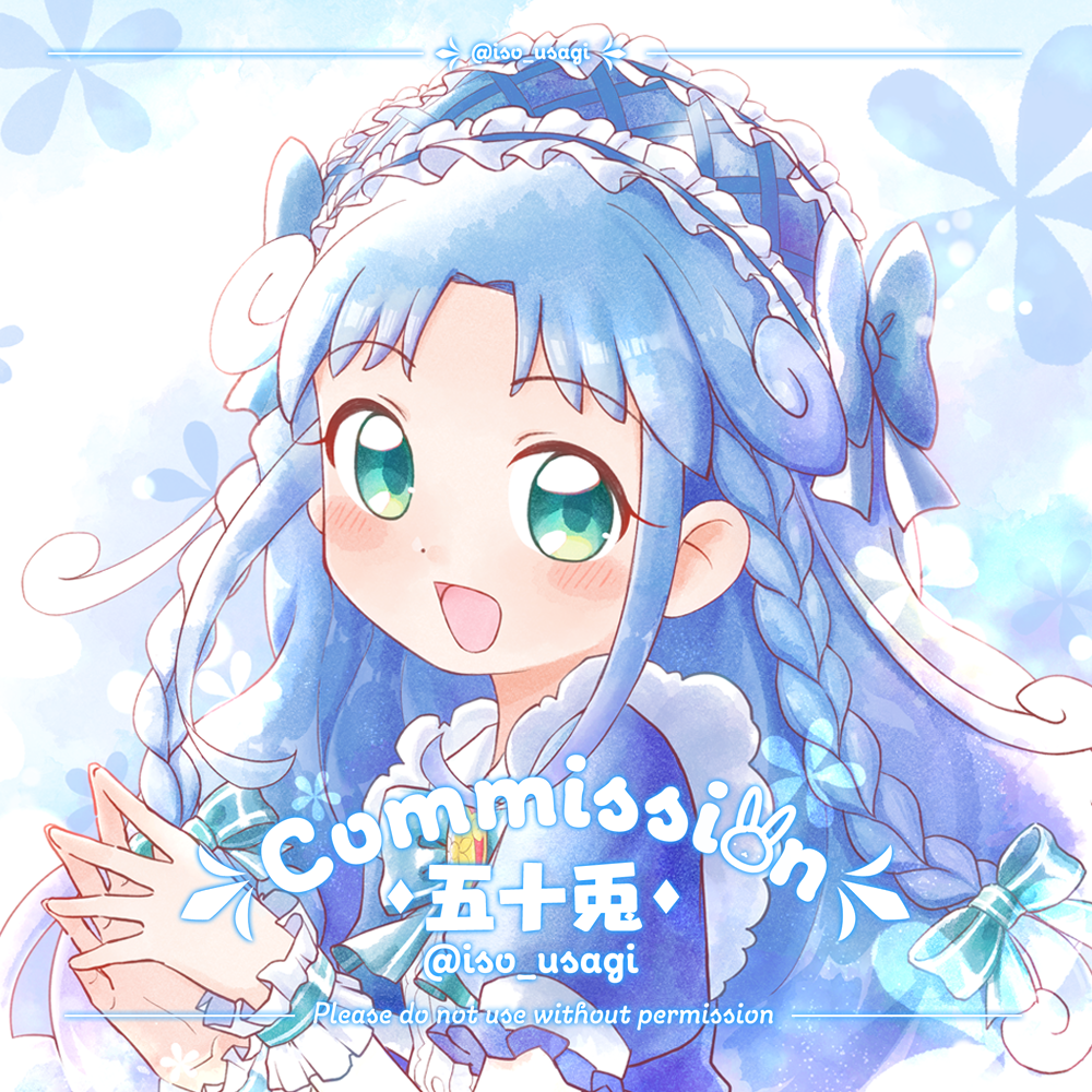 iso usagi, rein (futagohime), fushigiboshi no futago hime, commentary, commission, 1girl, :d, alternate costume, alternate hairstyle, artist name, blue background, blue bow, blue bowtie, blue dress, blue hair, blue headdress, blue ribbon, blue theme, blush stickers, bow, bowtie, braid, crest, curly hair, curtained hair, dated commentary, dot nose, dress, floral background, frilled dress, frilled hairband, frilled sleeves, frills, green eyes, hair ornament, hair ribbon, hairband, hands up, headdress, layered sleeves, long hair, long sleeves, looking at viewer, medallion, open mouth, plaid hairband, portrait, puffy short sleeves, puffy sleeves, ribbon, short braid, short sleeves, smile, solo, steepled fingers, twin braids, twitter username, very long hair, white sleeves