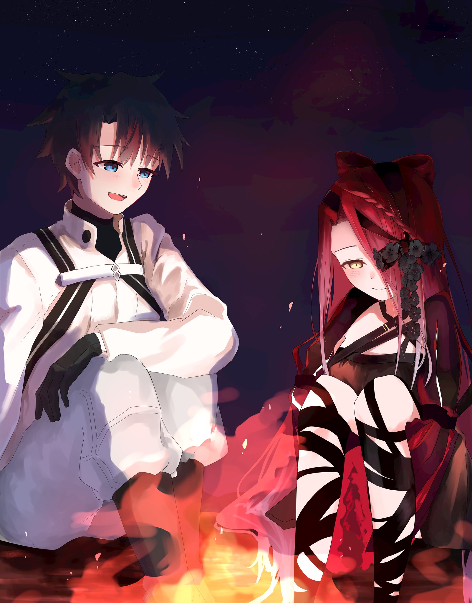 umeboshi disk, fujimaru ritsuka (male), fujimaru ritsuka (male) (decisive battle chaldea uniform), typhon ephemeros (fate), typhon ephemeros (second ascension) (fate), fate/grand order, fate (series), commission, highres, skeb commission, 1boy, 1girl, black boots, black bow, black dress, black gloves, black hair, blue eyes, boots, bow, campfire, dress, gloves, hair over one eye, long hair, night, night sky, pants, red hair, sitting, sky, smile, yellow eyes