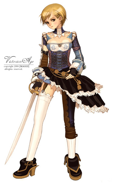 maggi, asymmetrical clothes, blonde hair, single thighhigh, solo, sword, thighhighs, weapon