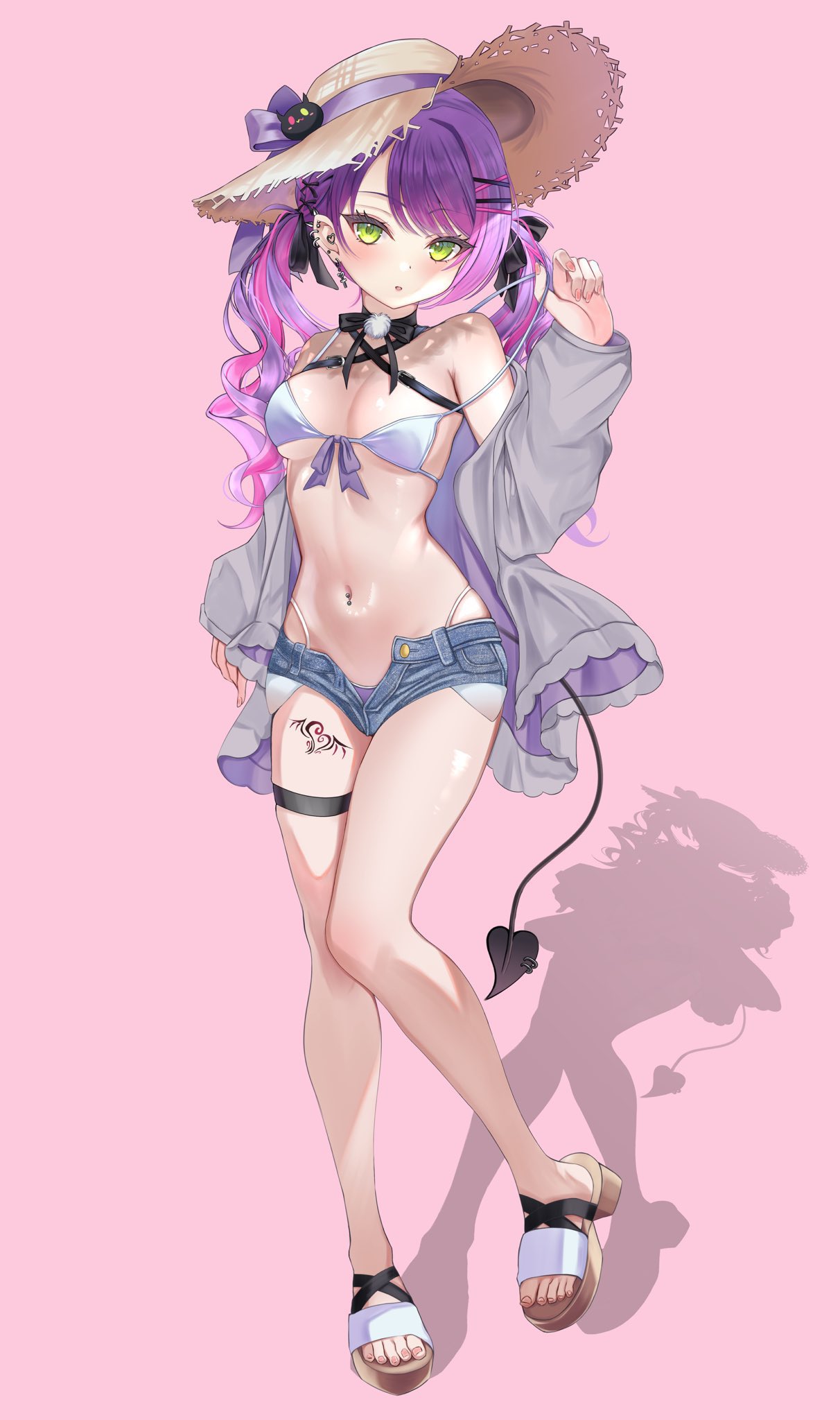 kurusu rei, tokoyami towa, hololive, highres, 1girl, bikini, blue shorts, breasts, cleavage, demon tail, denim, denim shorts, full body, green eyes, grey jacket, hair ornament, hairclip, hat, jacket, leg tattoo, long hair, open clothes, open jacket, parted lips, pink background, purple hair, sandals, short shorts, shorts, simple background, small breasts, solo, sun hat, swimsuit, tail, tattoo, toes, twitter username, virtual youtuber, white bikini, winged heart, winged heart tattoo, x hair ornament
