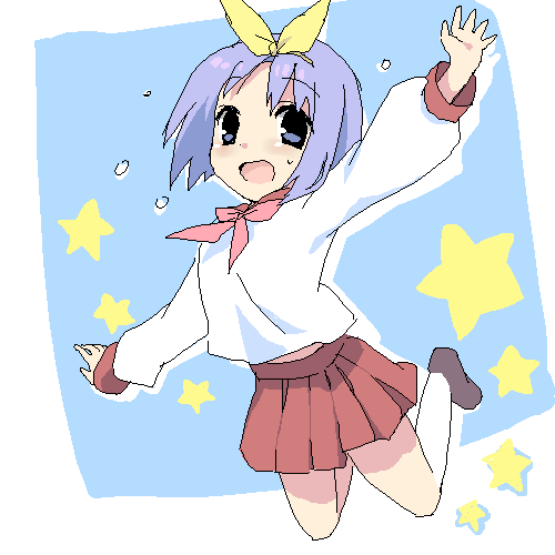 hiiragi tsukasa, lucky star, lowres, 00s, jumping, school uniform, serafuku, solo, star (symbol)