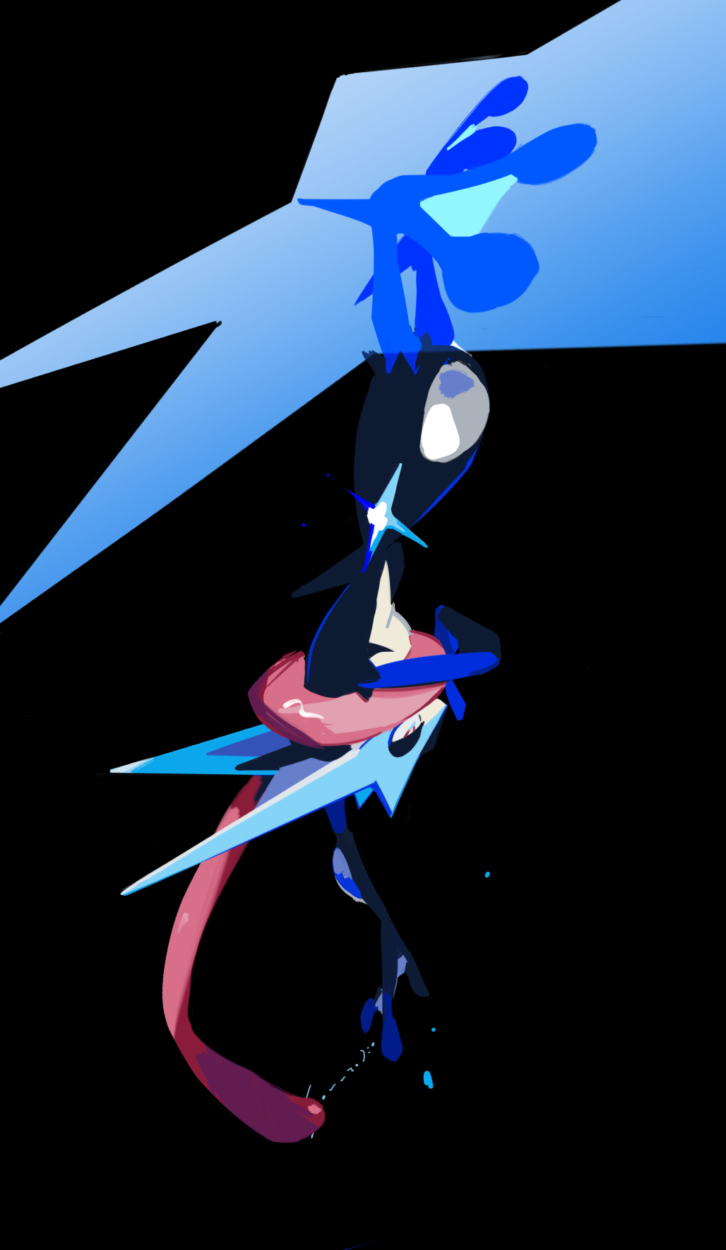 usduvi, greninja, mega greninja, nintendo, pokemon, highres, arm up, black background, blue skin, colored skin, gen 6 pokemon, mega pokemon, pokemon (creature), pokemon focus, profile, red eyes, scarf, standing, tongue, upside-down