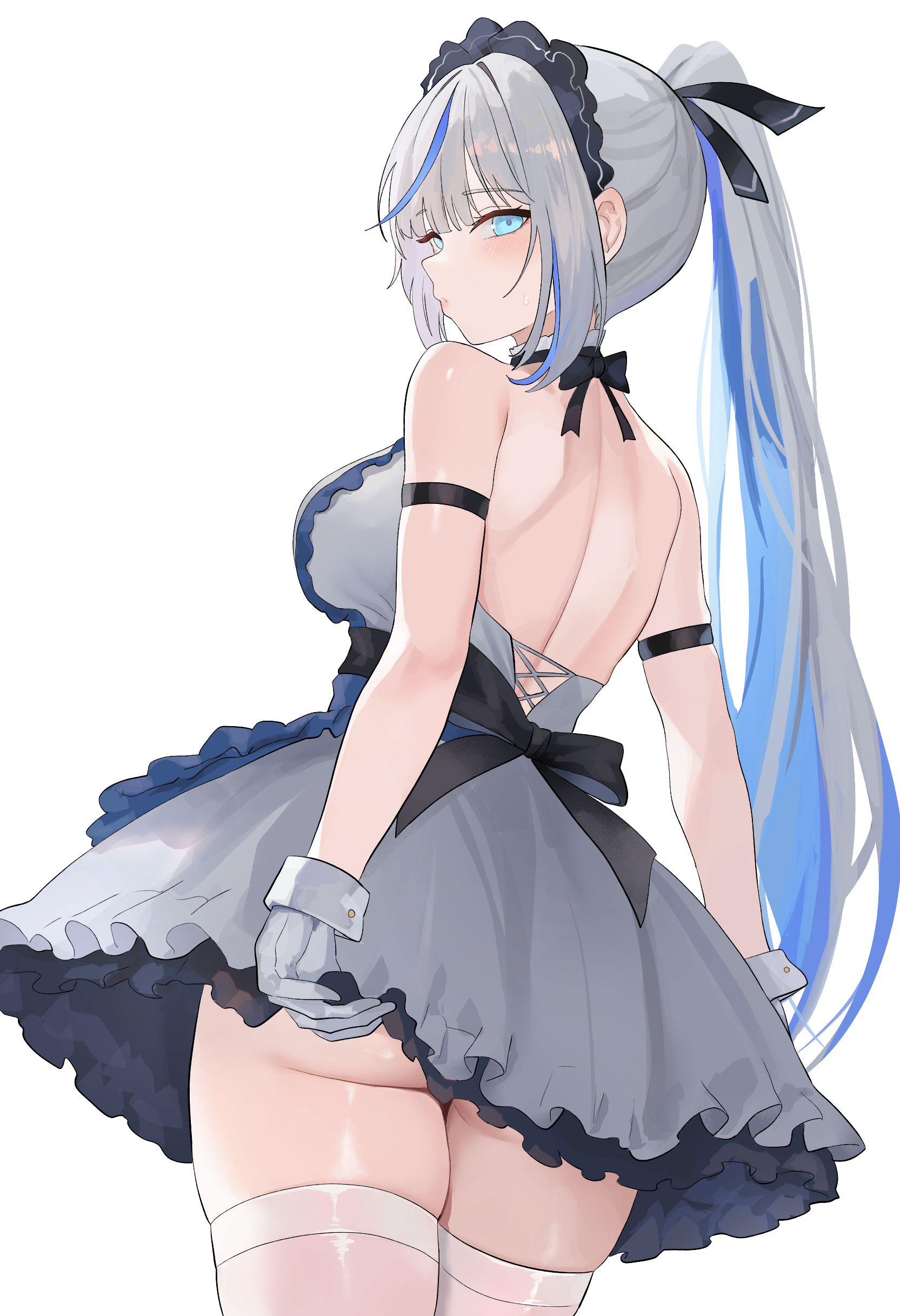 nbee ya, aokumo rin, stellive, absurdres, commentary request, highres, korean commentary, mixed-language commentary, 1girl, arm strap, ass, backless dress, backless outfit, blue eyes, cowboy shot, detached collar, dress, frilled dress, frills, gloves, grey dress, grey gloves, headdress, looking back, median furrow, multicolored hair, panties, pantyshot, ponytail, sidelocks, simple background, sleeveless, sleeveless dress, solo, streaked hair, thighhighs, underwear, virtual youtuber, white background, white hair, white thighhighs