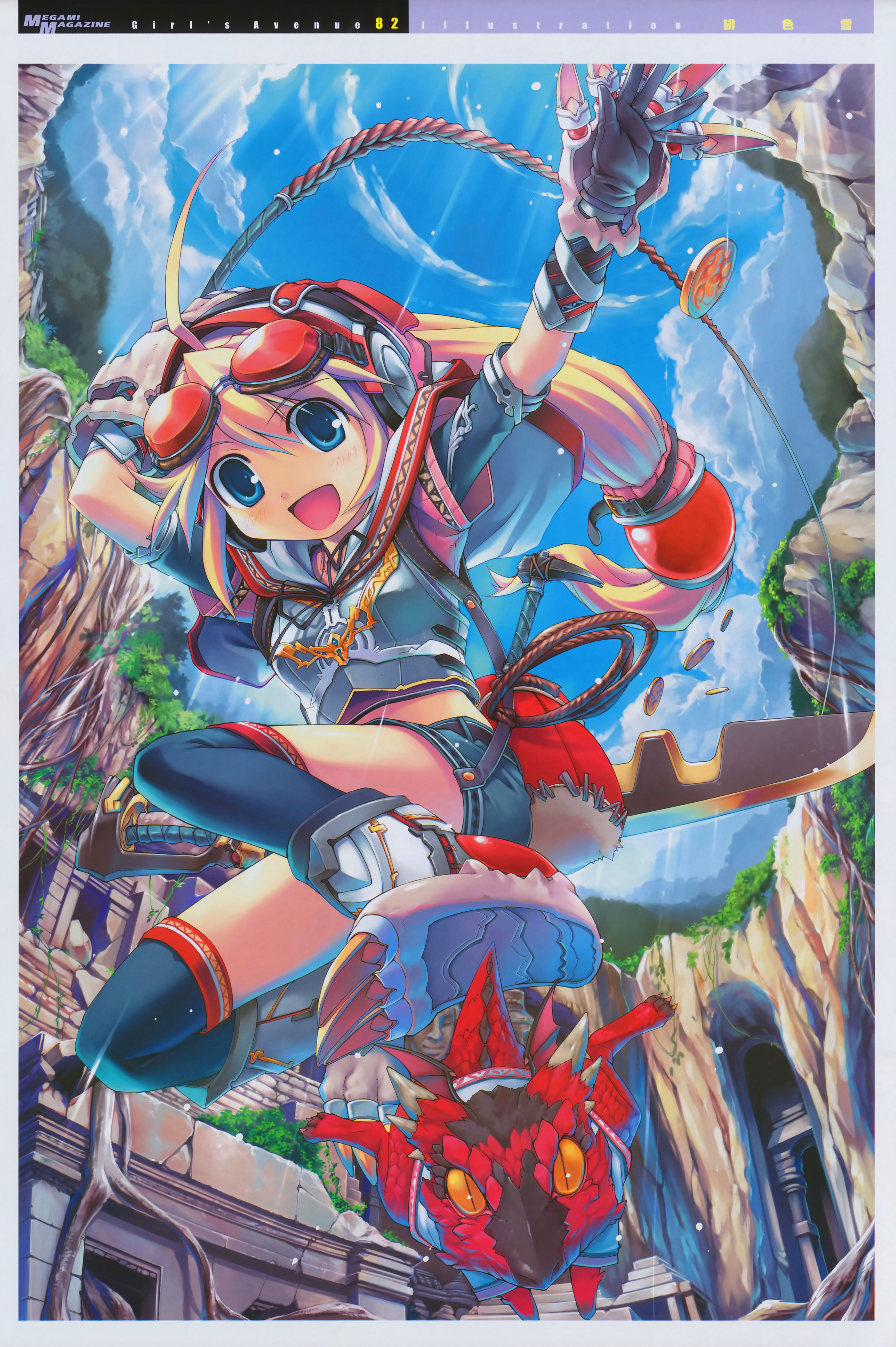 hiiro yuki, girl's avenue, megami magazine, original, absurdres, highres, non-web source, scan, 1girl, :d, ahoge, arm up, armor, backpack, bag, bandana, belt, black thighhighs, blonde hair, blue eyes, blush, border, breastplate, breasts, buckle, capelet, claws, cliff, cloud, coin, crop top, cropped jacket, day, dragon, elbow gloves, fantasy, female focus, floating hair, flying, foreshortening, from below, gem, girls avenue, gloves, goggles, goggles on head, greaves, hair ornament, happy, headphones, holding, holding weapon, jacket, jumping, light particles, light rays, long hair, looking at viewer, low-tied long hair, midriff, open clothes, open jacket, open mouth, orange eyes, outdoors, outstretched arm, pickaxe, plant, ribbon, ruins, short shorts, short sleeves, shorts, sidelocks, sky, slit pupils, small breasts, smile, solo, stitches, strap, sunbeam, sunlight, sword, thighhighs, very long hair, vines, weapon, whip