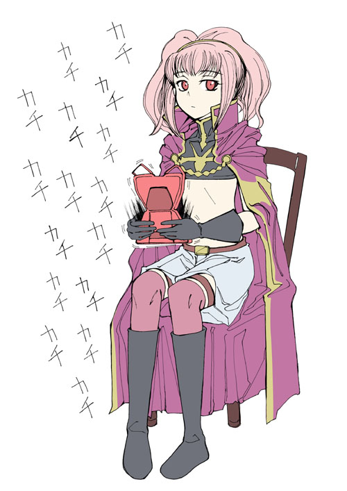 morisoban, anya alstreim, code geass, 00s, 1girl, cape, chair, female focus, full body, pink hair, playing games, red eyes, simple background, sitting, solo, thighhighs