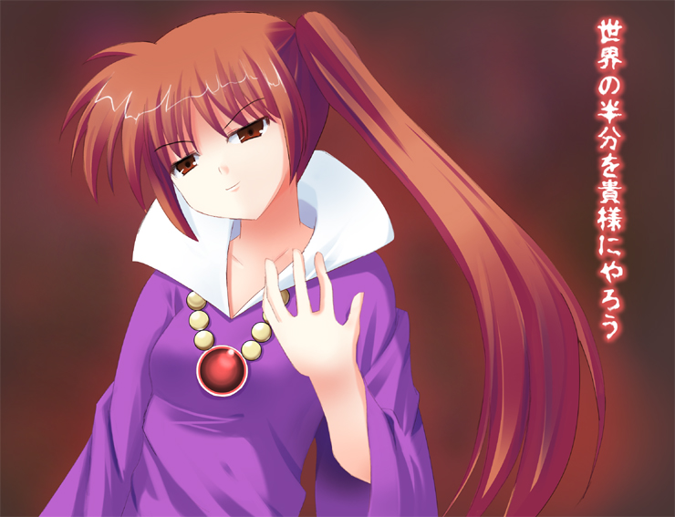 odaya, odayan, dragon lord, raising heart, takamachi nanoha, chunsoft, dragon quest, dragon quest i, lyrical nanoha, mahou shoujo lyrical nanoha, mahou shoujo lyrical nanoha strikers, 1980s (style), translated, 00s, 1girl, brown eyes, brown hair, female focus, jewelry, long hair, necklace, oldschool, ponytail, purple robe, robe, solo, white devil