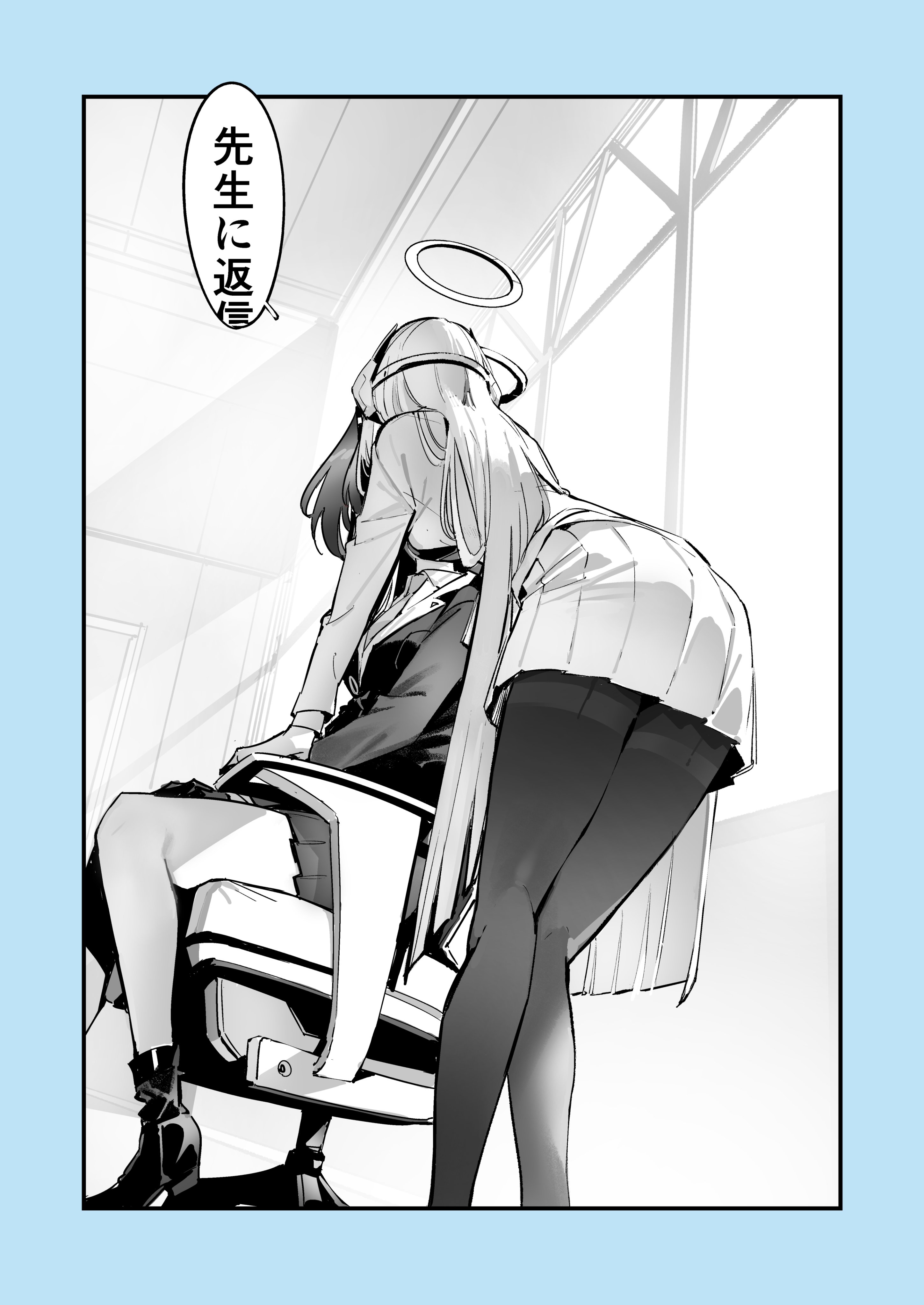 kurotsuki machi, noa (blue archive), yuuka (blue archive), blue archive, absurdres, highres, translation request, 2girls, boots, chair, halo, headphones, implied kiss, long hair, long sleeves, multiple girls, on chair, pantyhose, shirt, sitting, skirt, speech bubble, standing, very long hair, yuri
