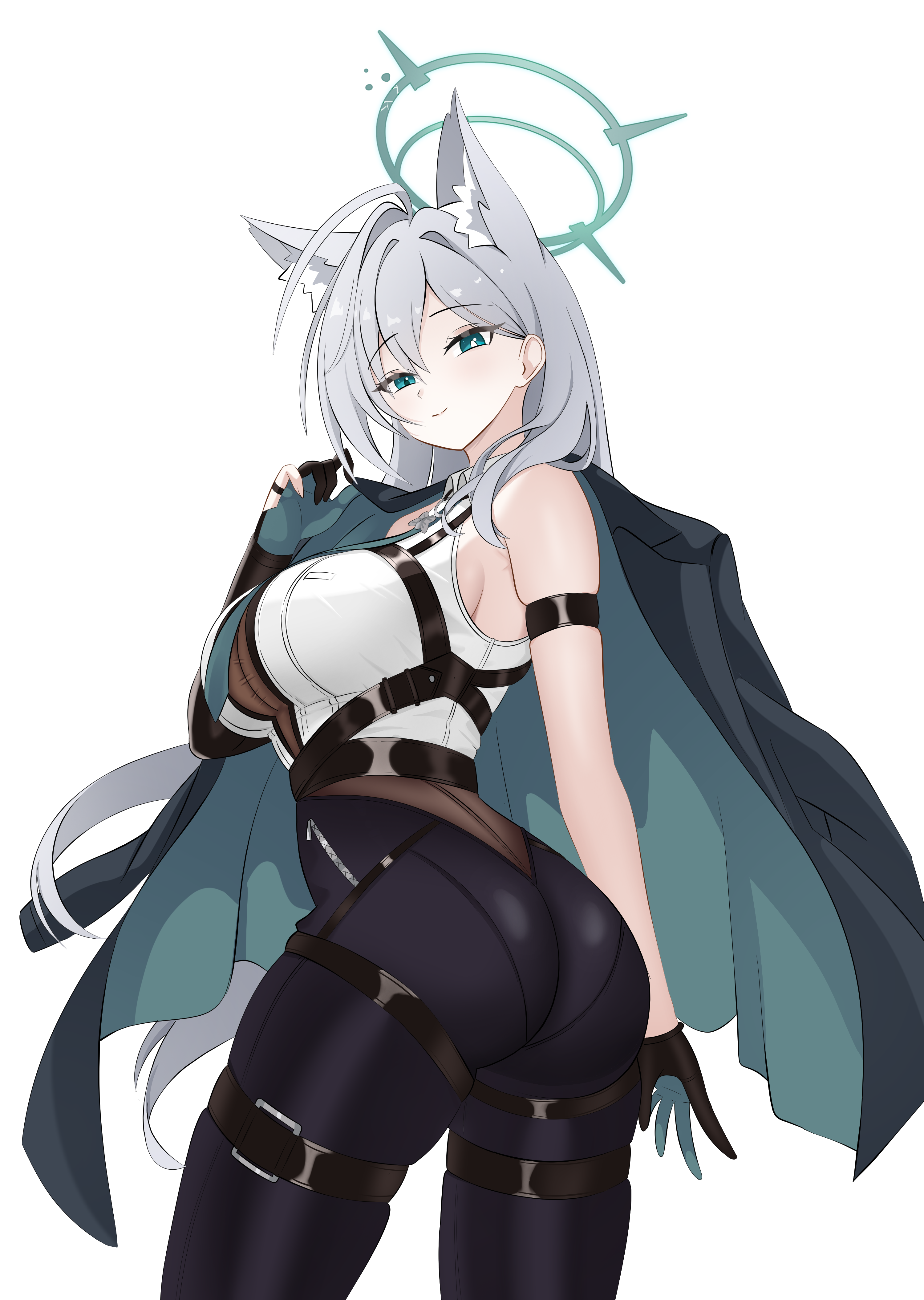 cawl, evelyn chevalier, shiroko terror (blue archive), blue archive, zenless zone zero, absurdres, highres, 1girl, alternate costume, animal ears, black halo, black jacket, breasts, bright pupils, cosplay, evelyn chevalier (cosplay), grey hair, halo, jacket, jacket on shoulders, large breasts, long hair, looking at viewer, shirt, simple background, smile, solo, white background, white shirt, wolf ears