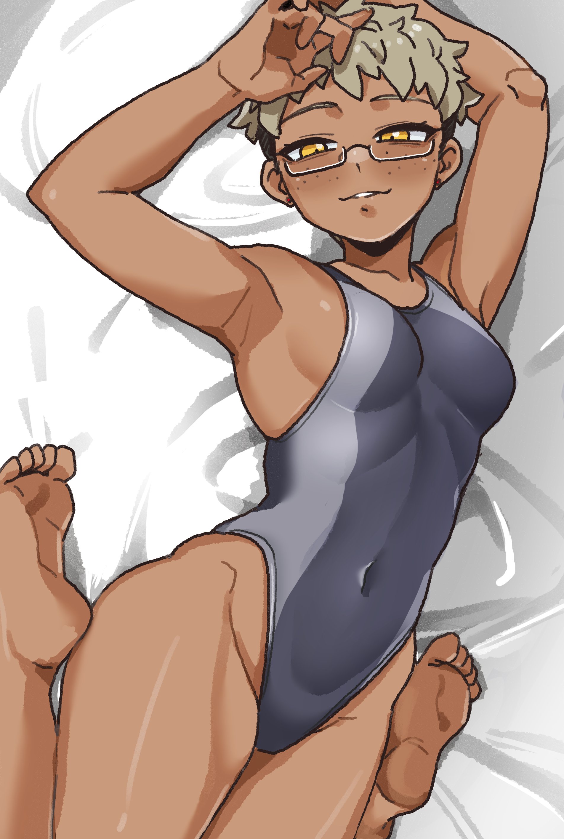 kurozu (crozu), original, absurdres, highres, 1girl, armpits, arms up, barefoot, breasts, brown eyes, covered navel, dark-skinned female, dark skin, freckles, glasses, grey hair, grey one-piece swimsuit, highleg, highleg one-piece swimsuit, looking at viewer, lying, one-piece swimsuit, parted lips, sitting, small breasts, smile, solo, swimsuit, two-tone swimsuit, wariza