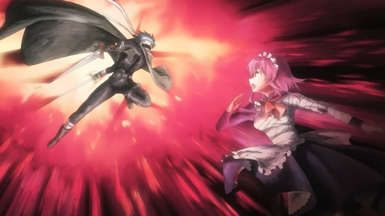 sabrac, wilhelmina carmel, shakugan no shana, anime screenshot, 00s, bandages, blue hair, cloak, dual wielding, holding, maid, pink hair, sarashi, sword, weapon