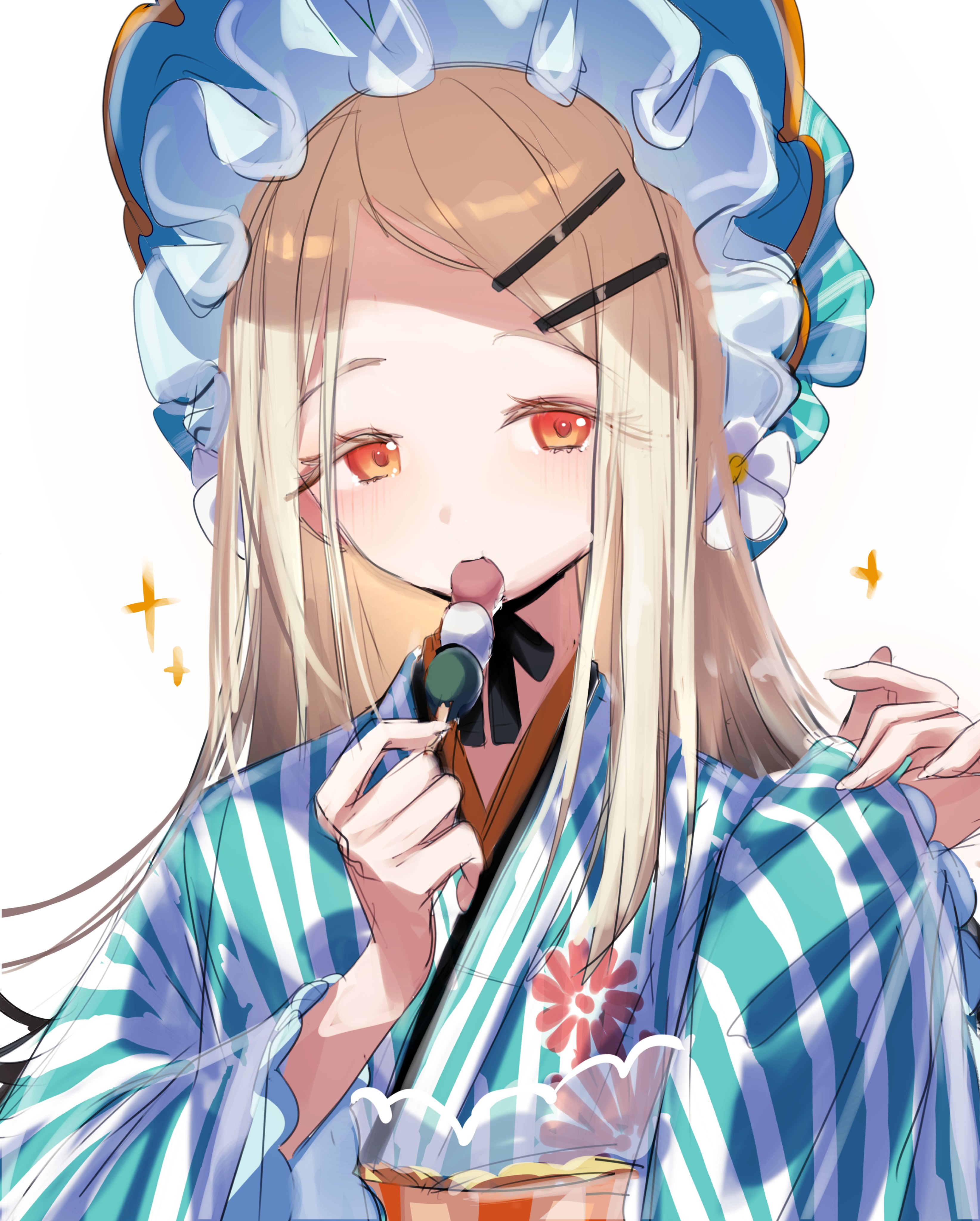 jio (baku zugogo), shinosawa hiro, gakuen idolmaster, idolmaster, absurdres, highres, 1girl, blonde hair, blue kimono, blush, bonnet, dango, eating, flower, food, frills, hair ornament, hairclip, hands up, holding, holding food, japanese clothes, kimono, long hair, long sleeves, looking at viewer, parted bangs, red eyes, sanshoku dango, simple background, skewer, solo, sparkle, striped clothes, striped headwear, striped kimono, upper body, vertical-striped clothes, vertical-striped kimono, wagashi, white background