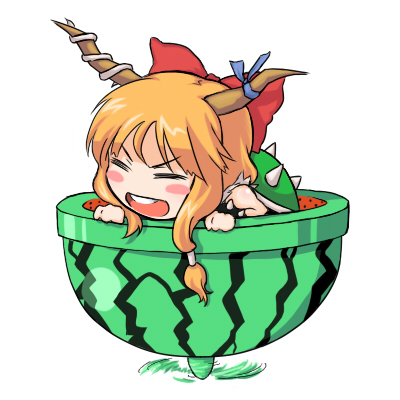 myonde, bowser, ibuki suika, koopa clown car, mario (series), nintendo, touhou, lowres, 1girl, aircraft, bowser (cosplay), closed eyes, cosplay, crossover, female focus, food, food print, fruit, fruit print, helicopter, long hair, low-tied long hair, name connection, object namesake, orange hair, parody, solo, teeth, upper teeth only, watermelon, watermelon print