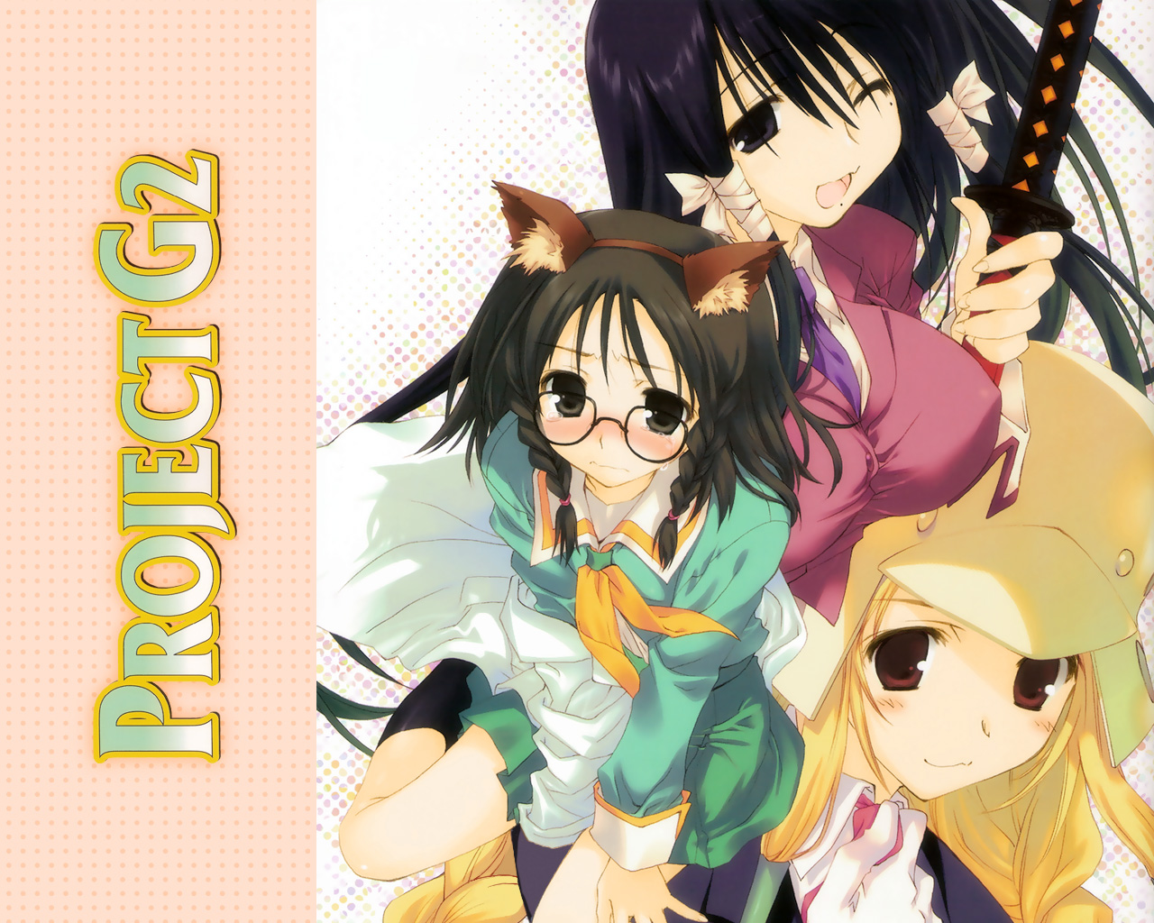 mitsumi misato, kamishakujii renko, kasukabe saki, kisaragi kasumi, ogiue chika, oono kanako, ritsuko kubel kettenkrad, genshiken, kujibiki unbalance, black hair, blonde hair, blush, cosplay, glasses, helm, helmet, kamishakujii renko (cosplay), katana, kisaragi kasumi (cosplay), long hair, mole, mole under eye, ribbon, ritsuko kubel kettenkrad (cosplay), school uniform, serafuku, short hair, skirt, sword, weapon