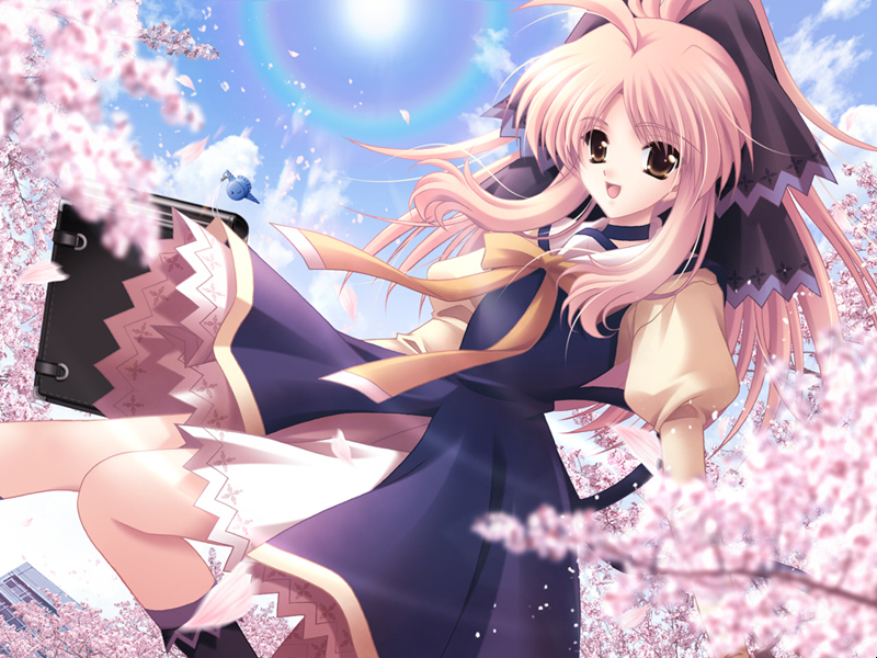 akira (usausa), serizawa sayoko, gekkou ni nureru kyoushitsu de boku wa., game cg, 1girl, ahoge, bag, female focus, long hair, ribbon, school uniform, serafuku, solo, sun, tree