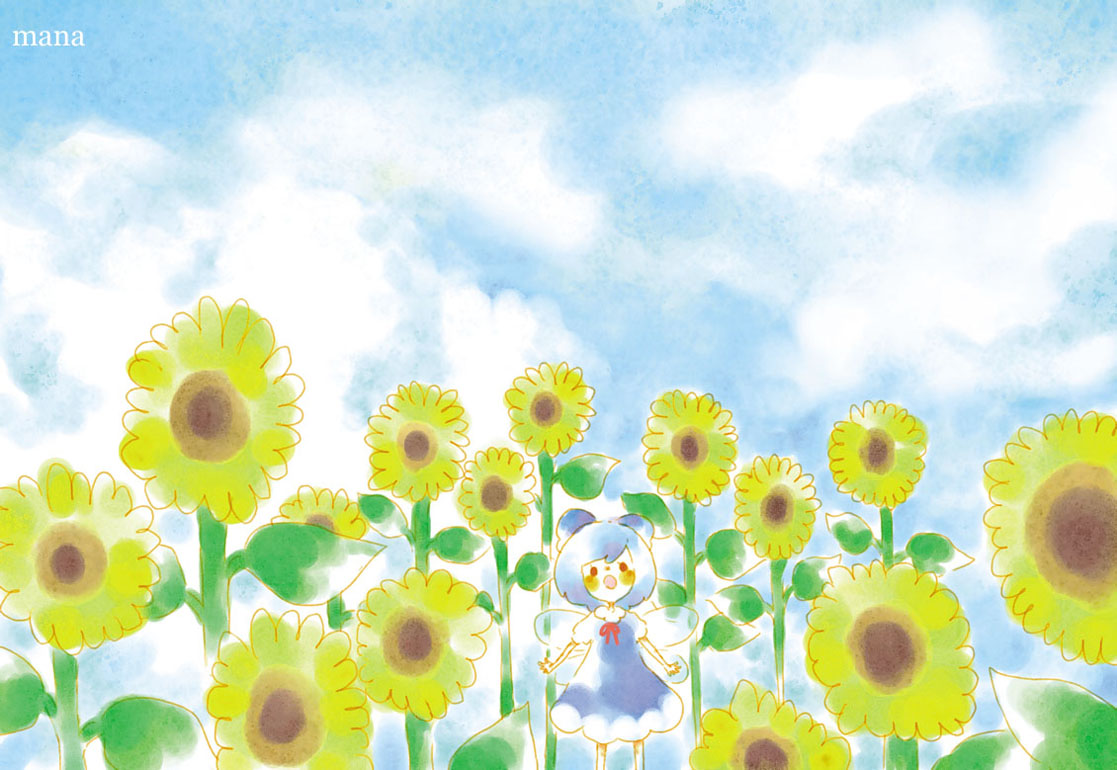 mana (artist), cirno, phantasmagoria of flower view, touhou, 1girl, artist name, blue hair, cloud, cloudy sky, day, female focus, flower, short hair, sky, solo, sunflower