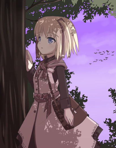 yukinagi, yukinagi yuu, hizakura mio, original, 1girl, bag, blonde hair, blue eyes, female focus, ribbon, shade, short hair, shoulder bag, solo, tree, tree shade
