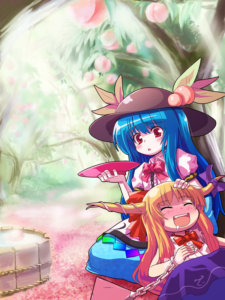edobox, hinanawi tenshi, ibuki suika, touhou, 2girls, blue hair, drunk, female focus, food, fruit, hat, horns, long hair, lying, multiple girls, outdoors, peach, plant, ribbon, sitting, tree