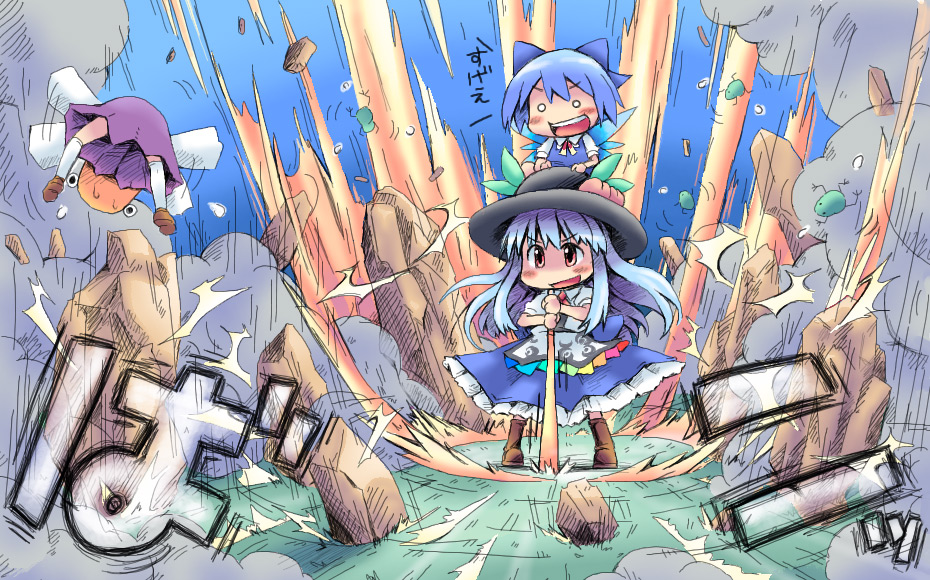 ham (points), cirno, hinanawi tenshi, moriya suwako, touhou, 3girls, blue hair, chibi, dress, female focus, food, frog, fruit, gradient background, hat, loli, long hair, multiple girls, peach, ribbon, short hair, sword, sword of hisou, weapon, wings