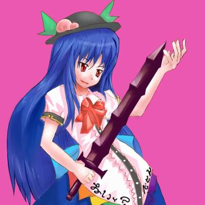 gak, buront, hinanawi tenshi, final fantasy, final fantasy xi, touhou, lowres, 1girl, blue hair, buront (cosplay), cosplay, female focus, food, fruit, hat, long hair, peach, pink background, red eyes, ribbon, simple background, solo, sword, weapon