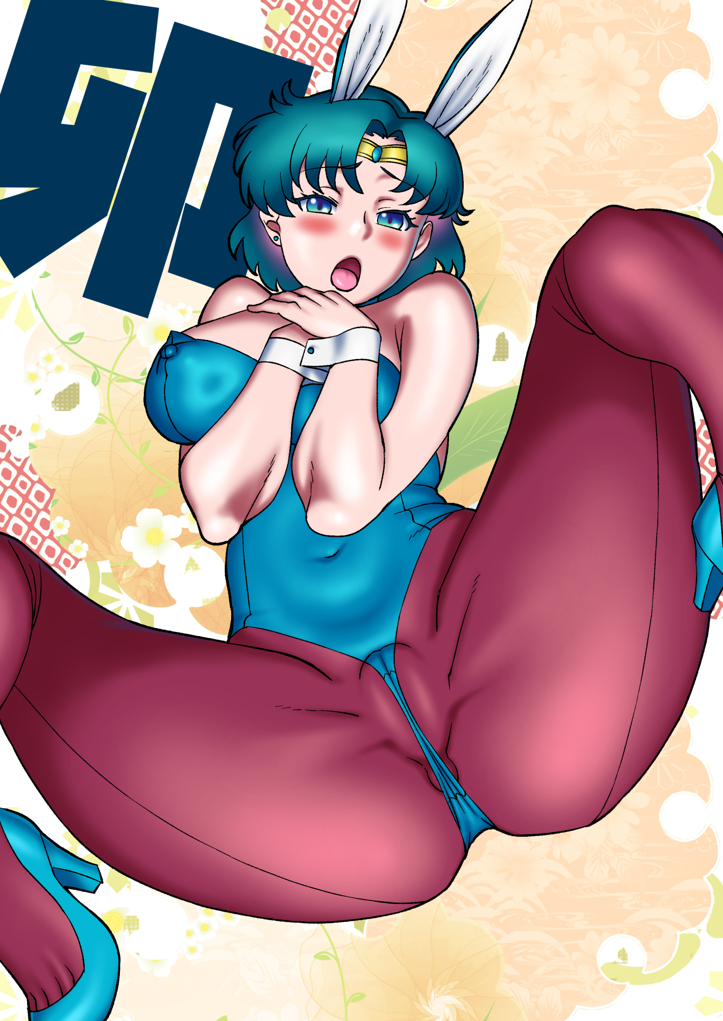 matsuda shin, mizuno ami, sailor mercury, bishoujo senshi sailor moon, highres, 1girl, animal ears, anus, anus peek, blue eyes, blue gemstone, blue hair, blue leotard, blue shoes, breasts, cameltoe, circlet, covered erect nipples, covered navel, detached collar, fake animal ears, gem, high heels, large breasts, leotard, pantyhose, playboy bunny, rabbit ears, shoes, short hair, solo, spread legs, strapless, strapless leotard, wrist cuffs