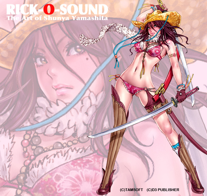 yamashita shun'ya, aya (oneechanbara), oneechanbara, 1girl, asymmetrical clothes, bikini, boots, brown hair, cowboy hat, cowboy western, female focus, fingerless gloves, full body, gloves, hat, high heels, jewelry, katana, navel, navel piercing, necklace, piercing, scabbard, scarf, sheath, shoes, side-tie bikini bottom, solo, stampede string, swimsuit, sword, thigh strap, thighhighs, weapon, zoom layer