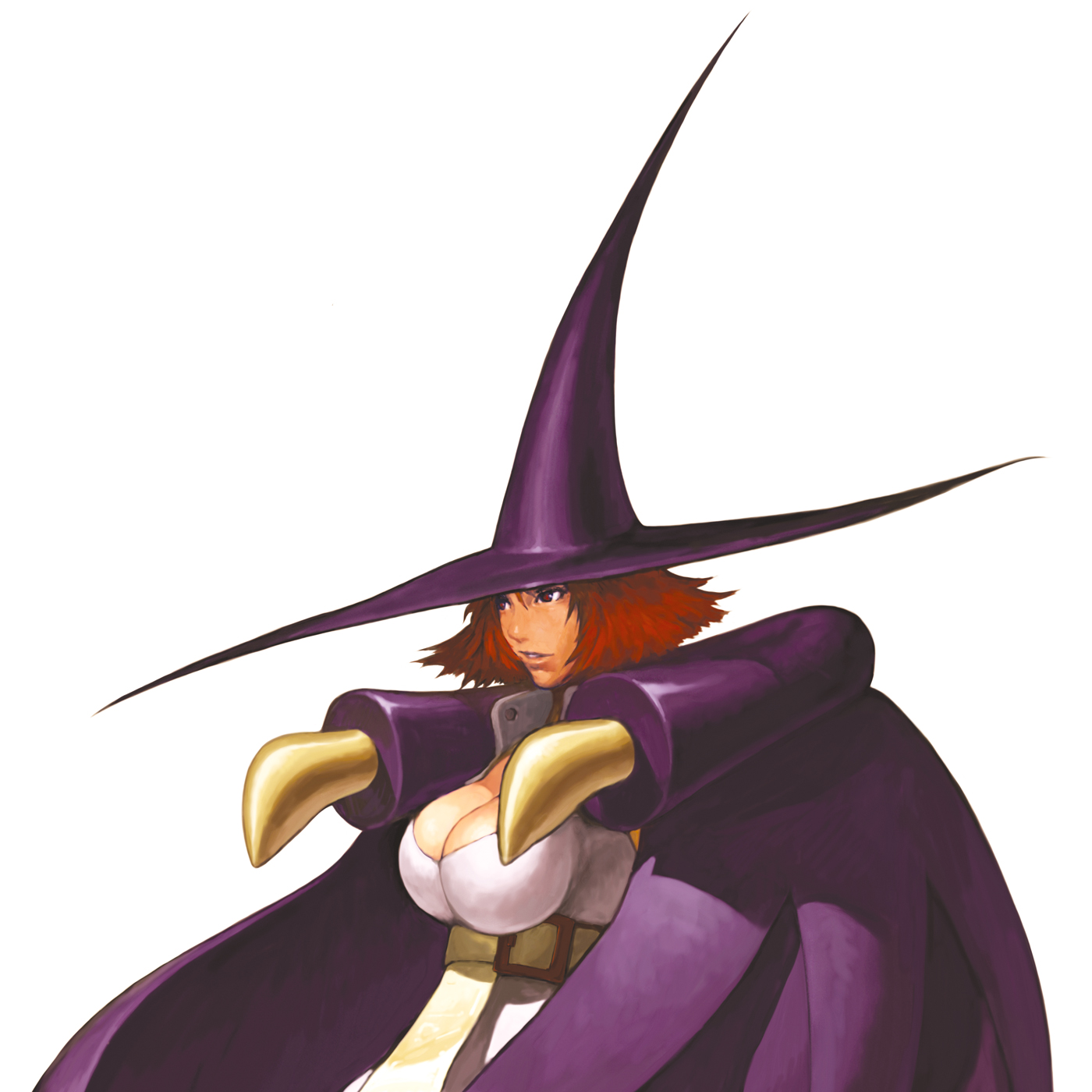 nona, tabasa, capcom, svc chaos, warzard, highres, official art, 1girl, breasts, cape, cleavage, female focus, hat, large breasts, red hair, short hair, solo, witch, witch hat