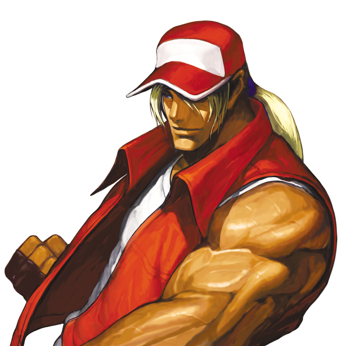 nona, terry bogard, fatal fury, snk, svc chaos, the king of fighters, highres, official art, 1boy, baseball cap, blonde hair, blue eyes, fingerless gloves, gloves, hat, hat over one eye, male focus, muscular, one eye covered, ponytail, sleeveless, solo, vest