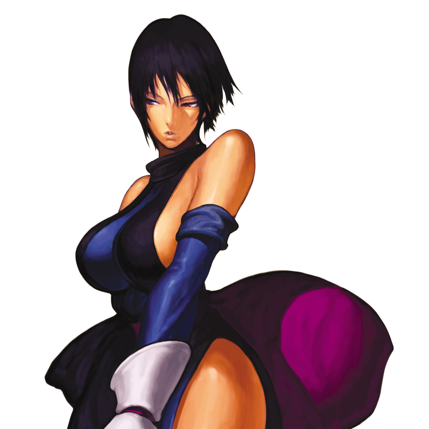 nona, shiki (samurai spirits), samurai spirits, snk, svc chaos, highres, 1girl, bare shoulders, black hair, breasts, detached sleeves, elbow gloves, female focus, gloves, halterneck, heterochromia, short hair, side slit, sideboob, sleeveless, solo, upper body, very short hair