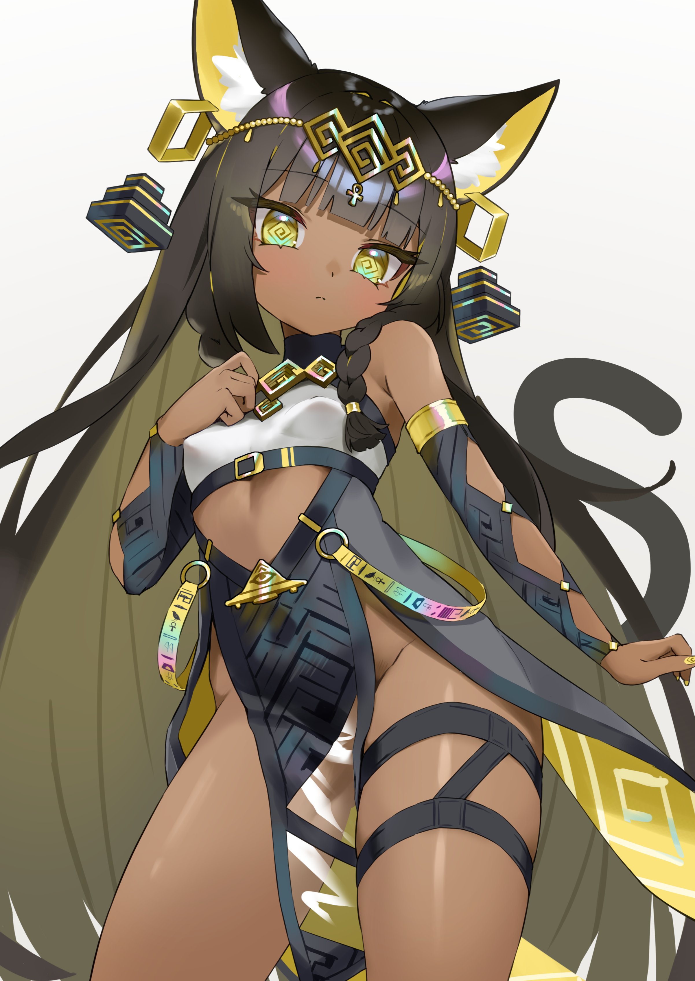 nitoron, original, absurdres, highres, 1girl, ancient egyptian, animal ears, bare shoulders, black tail, blue sleeves, breasts, cat ears, cat girl, cat tail, closed mouth, cowboy shot, dark-skinned female, dark skin, detached sleeves, dot nose, dress, expressionless, green eyes, grey background, groin, if you want to become a godly artist (trend), long hair, pelvic curtain, sleeveless, sleeveless dress, small breasts, solo, straight hair, tail, thigh focus, thighs, very long hair