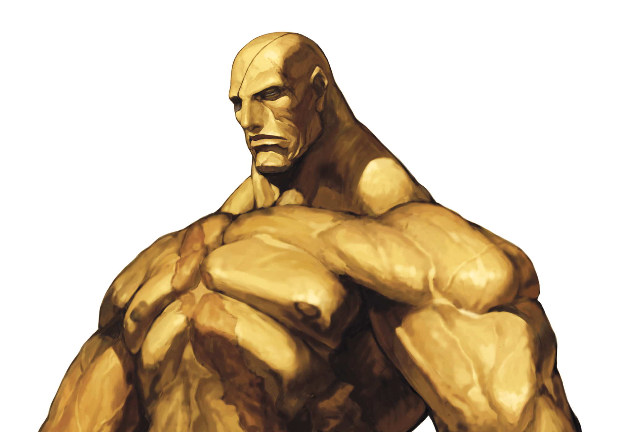 nona, sagat, capcom, street fighter, svc chaos, highres, official art, 1boy, bald, eyepatch, male focus, muscular, scar, solo, topless male, upper body