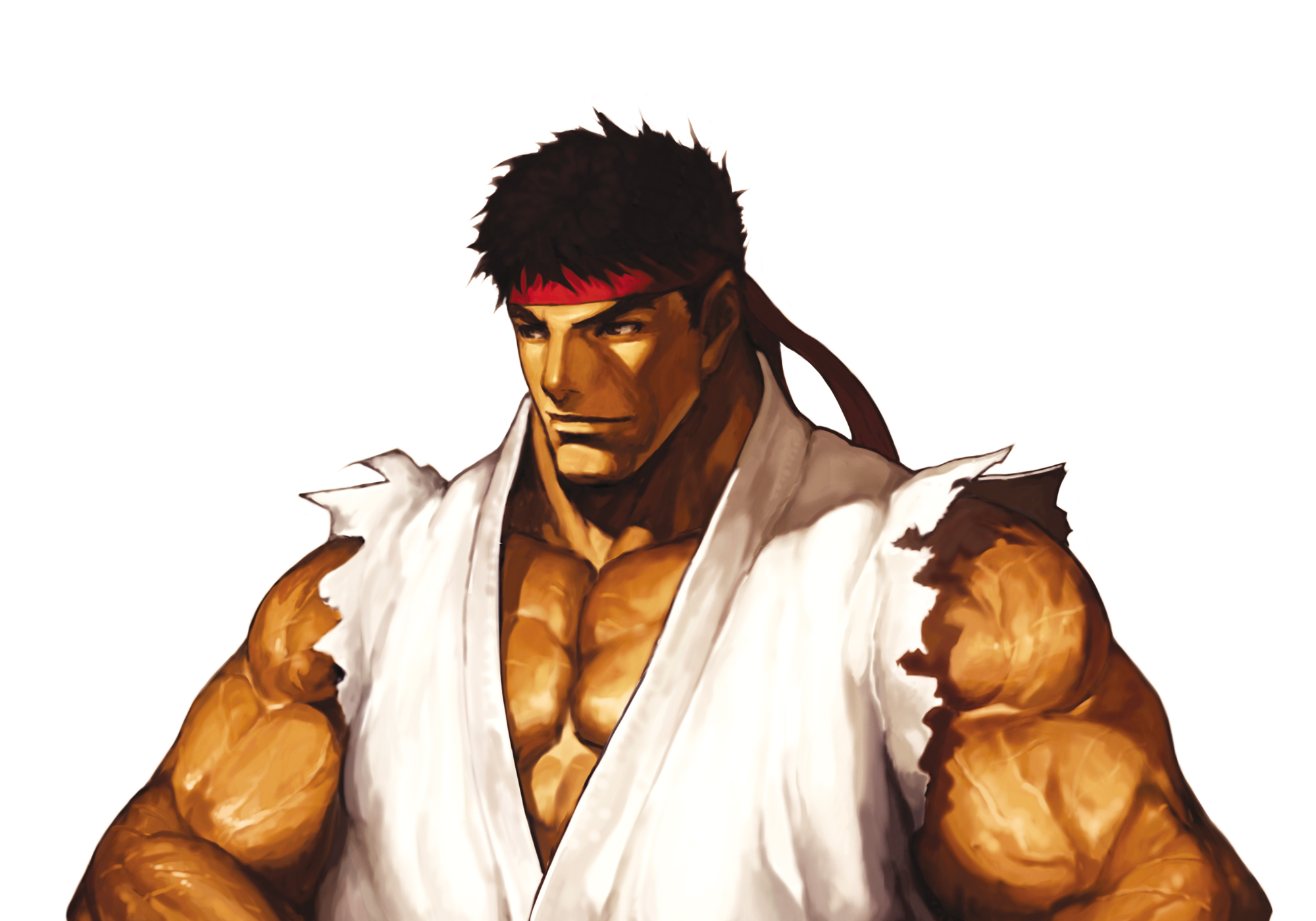 nona, ryu (street fighter), capcom, street fighter, svc chaos, highres, official art, 1boy, black hair, dougi, headband, male focus, muscular, short hair, sleeveless, solo, upper body
